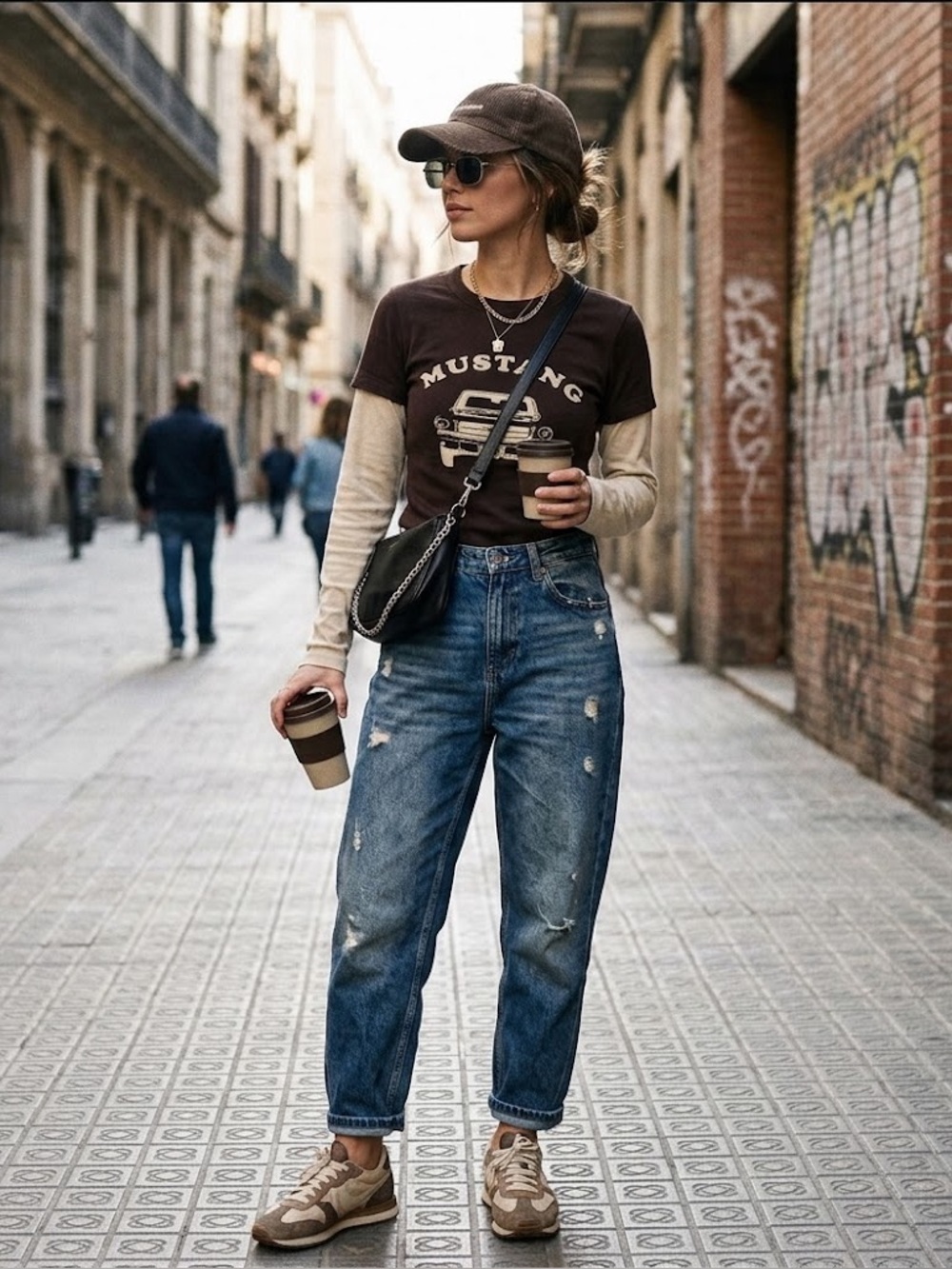 Blanco Bundle of Vintage Mustang design Long Tee layered with Short Tee M